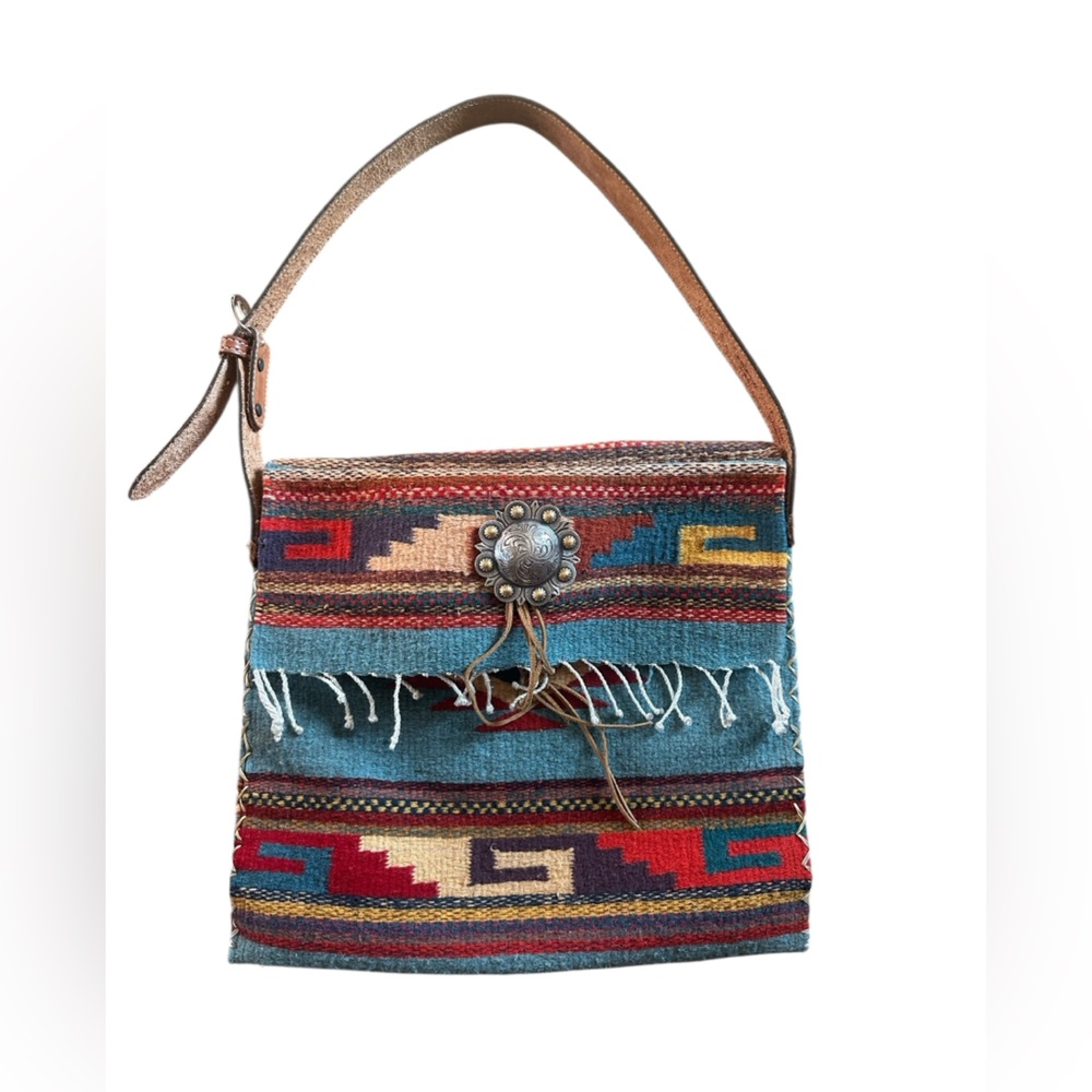 Handmade horse blanket shoulder bag with Brown Strap